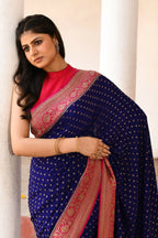 Joban Fashion Navy Blue Crepe Chiffon Pure Handloom Banarasi Silk Saree | Grocsy