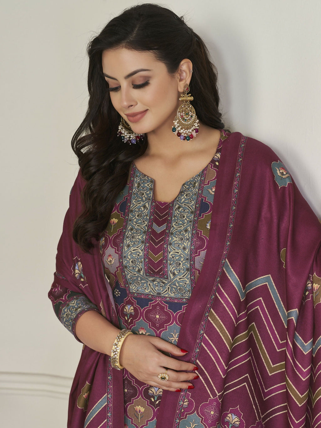Jyoti Fashion Women's Multicolor Pashmina Digital Printed Kurta with Trouser & Dupatta | Grocsy