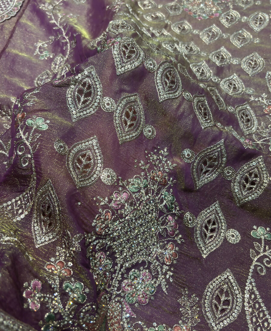 KC Heavy Embroidery Worked Two Ton Moss Silk Purple Suit For Women | Grocsy