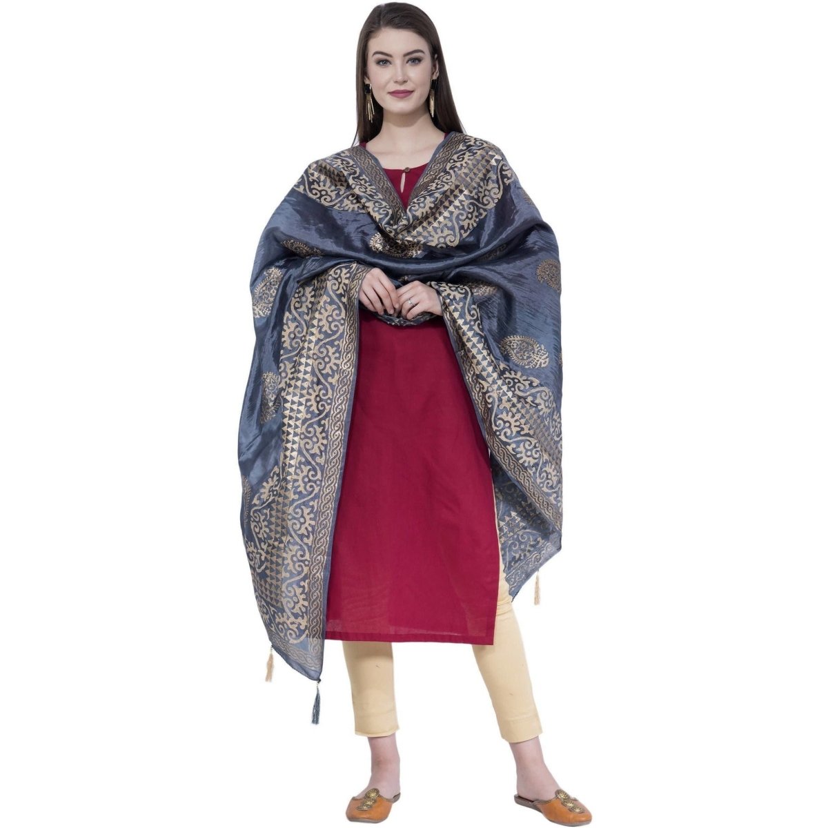 A R Silk Dark Gray Color Silk Pahadi Print Dupattas and Chunnis | Grocsy