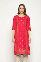 Maai Rayon Hand Printed Kurta Red | Grocsy