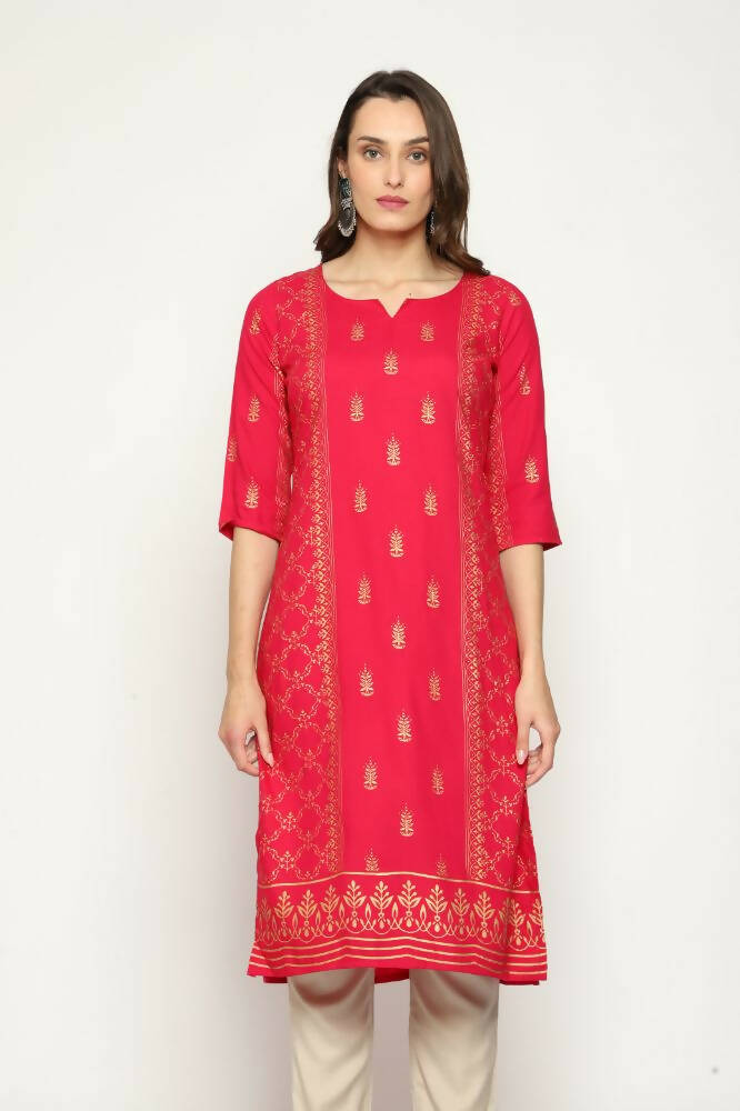 Maai Rayon Hand Printed Kurta Red | Grocsy