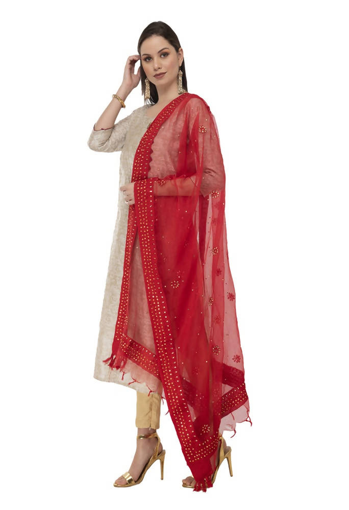 Mominos Fashion Red Orgenza Nug Embroidery Dupatta | Grocsy