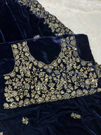 Vastranavya Designer Velvet Sequence & Zari Thread Embroidery work with border and Cutwork Saree - Navy Blue | Grocsy