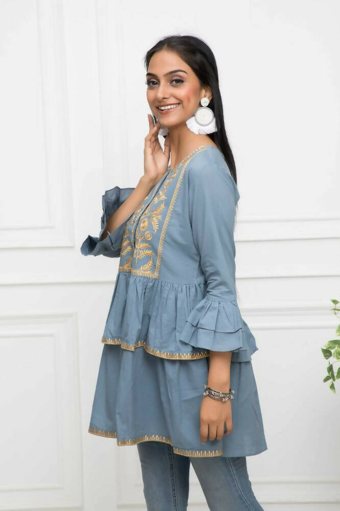 Myshka Women Grey Solid Round Neck Flared Sleeves Pure Cotton Top | Grocsy