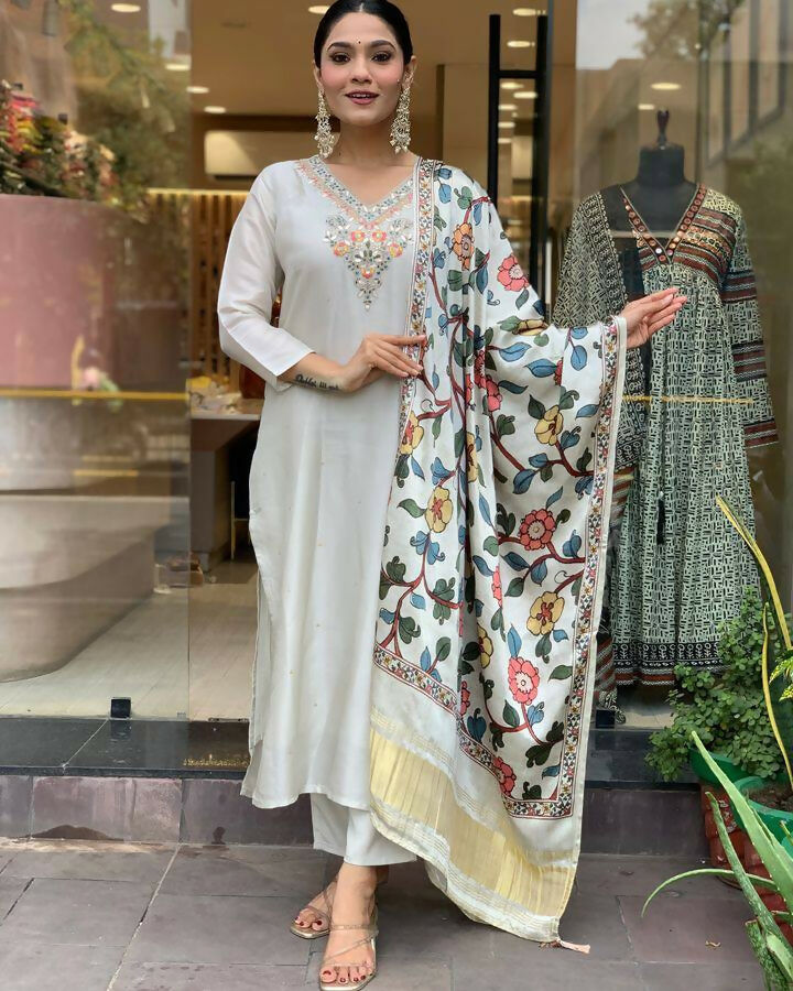 The52 Off White Women's Gorgeous Embroidered Viscose Chanderi Fabric Straight Kurta Pant with Dupatta Set | Grocsy