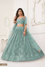 Eilara Glamorous Ocean Blue Net With Sequins And Thread Embroidery Real Mirror Work Lehenga Choli For Wedding | Grocsy