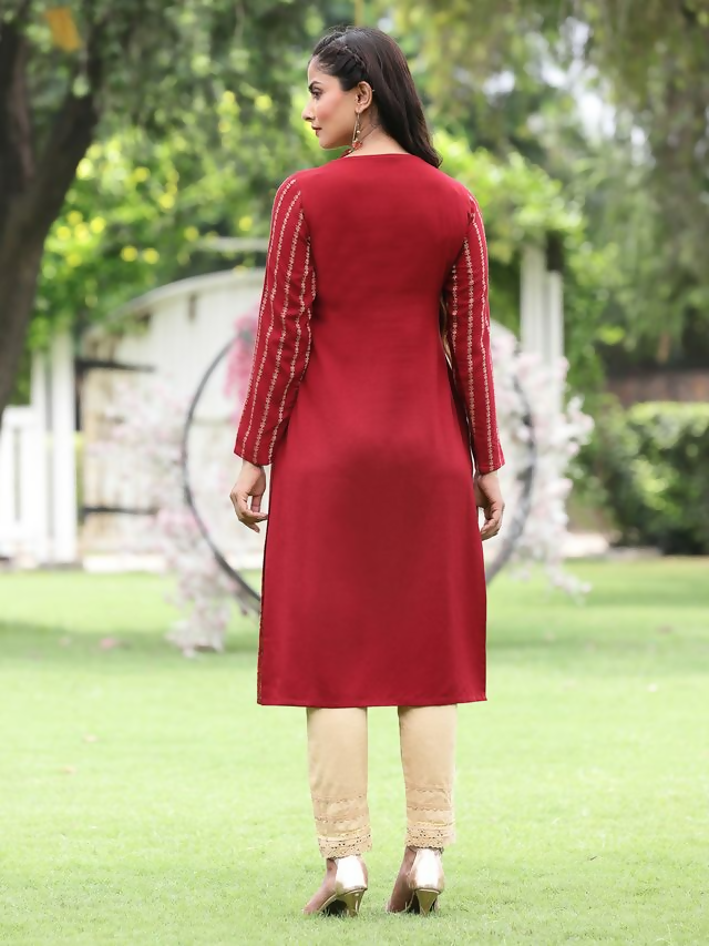 Juniper Maroon Ethnic Motif Printed Acrylic Straight Kurta. | Grocsy