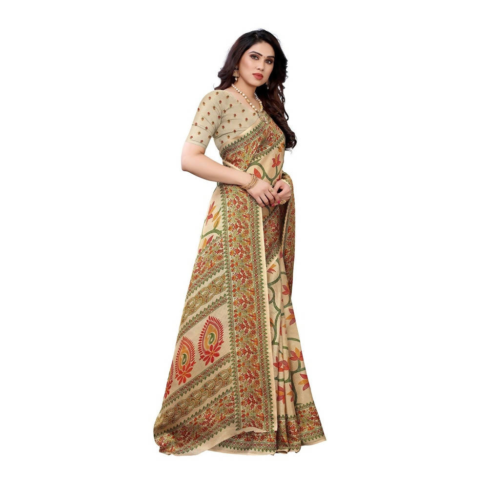Vamika Printed Jute Silk Brown Saree (Rishika Chiku) | Grocsy