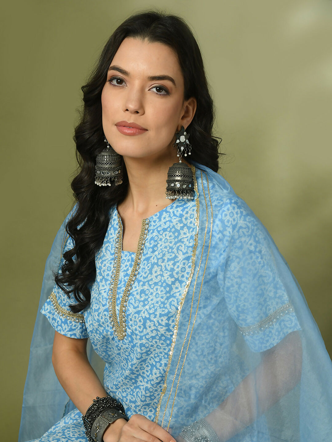 Myshka Women's Blue Printed Cotton Straight Party Kurta Set With Dupatta | Grocsy