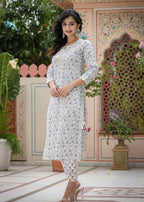 Kaajh Women's White Grey Floral Print Cotton Kurta Pant Set | Grocsy