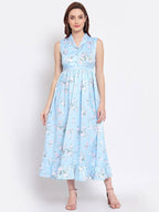 Myshka Women's Sky Blue Printed Cotton Blend Sleeveless Coller Casual Dress | Grocsy