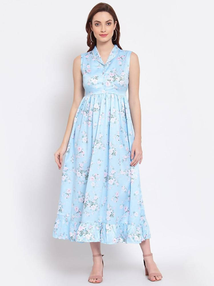 Myshka Women's Sky Blue Printed Cotton Blend Sleeveless Coller Casual Dress | Grocsy