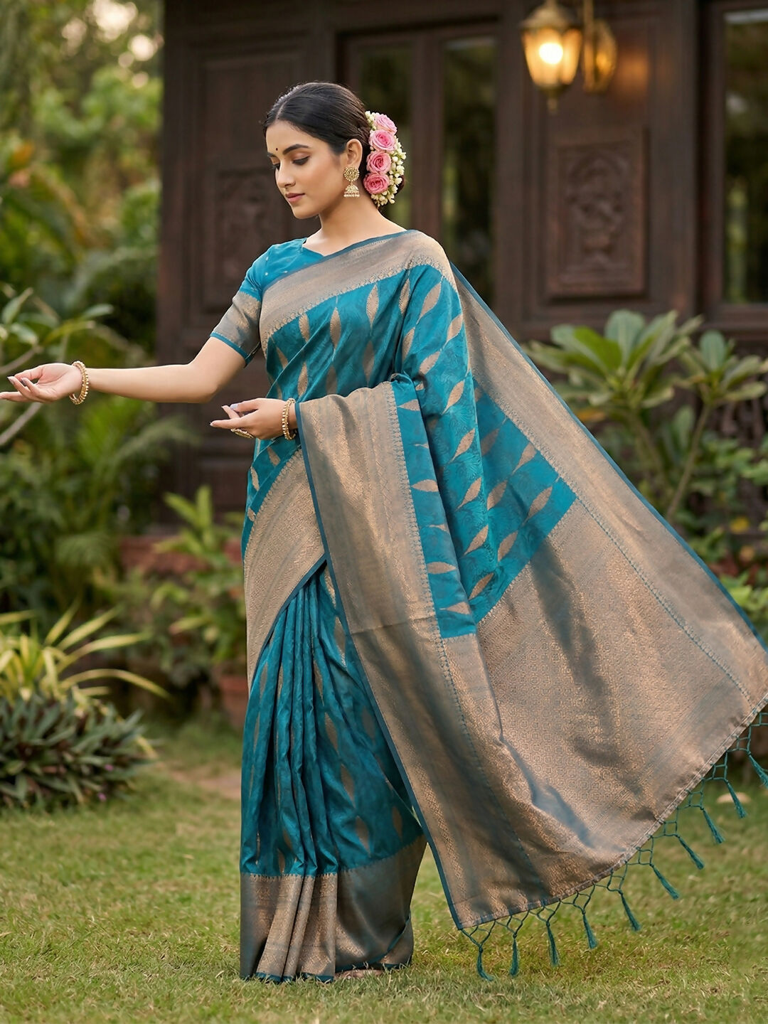 Shree Shyam Fashion Rama Blue Silk Blend Saree | Grocsy