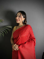 Joban Fashion Red Banarasi Soft Lichi Silk Checks & Woven Saree | Grocsy
