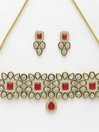 NVR Women's Red & Gold Kundan Studded Handcrafted Choker Jewellery Set | Grocsy