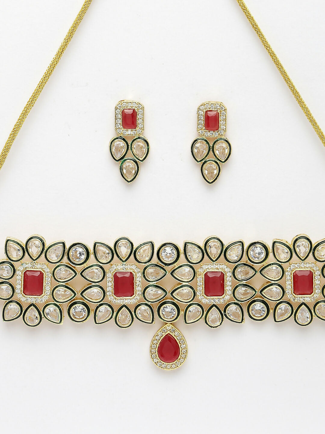 NVR Women's Red & Gold Kundan Studded Handcrafted Choker Jewellery Set | Grocsy