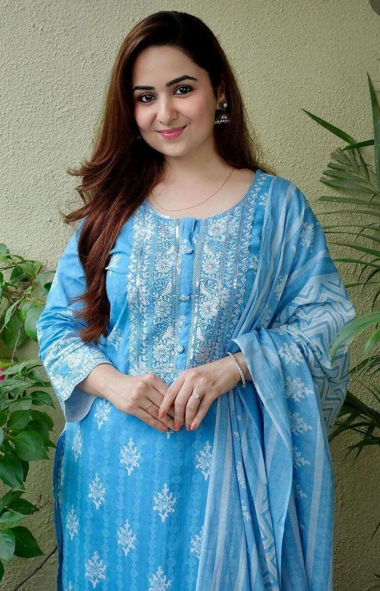 Alvano Women's Printed Straight 3Pcs Kurti with Pant and Dupatta set Cotton (Light Blue) | Grocsy