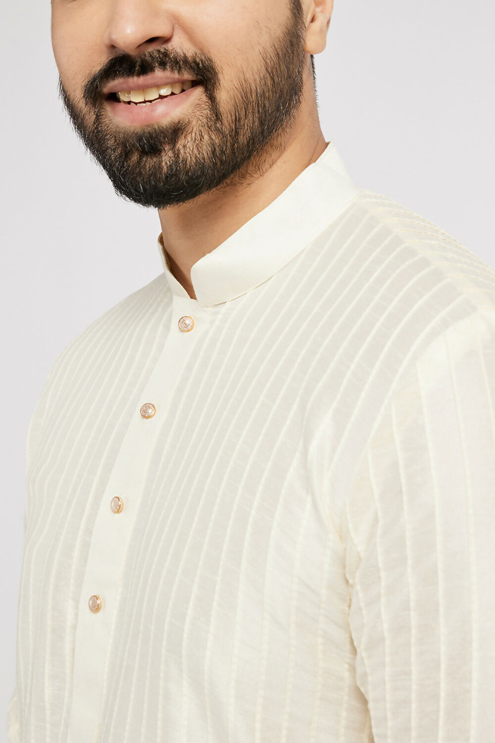 Ethnic India Cream Men's Kurta Striped Polyester | Grocsy