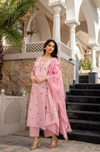 The52 Pink Women's Beautiful Chanderi Fabric Printed Work Straight Kurta Pant and Dupatta Set | Grocsy