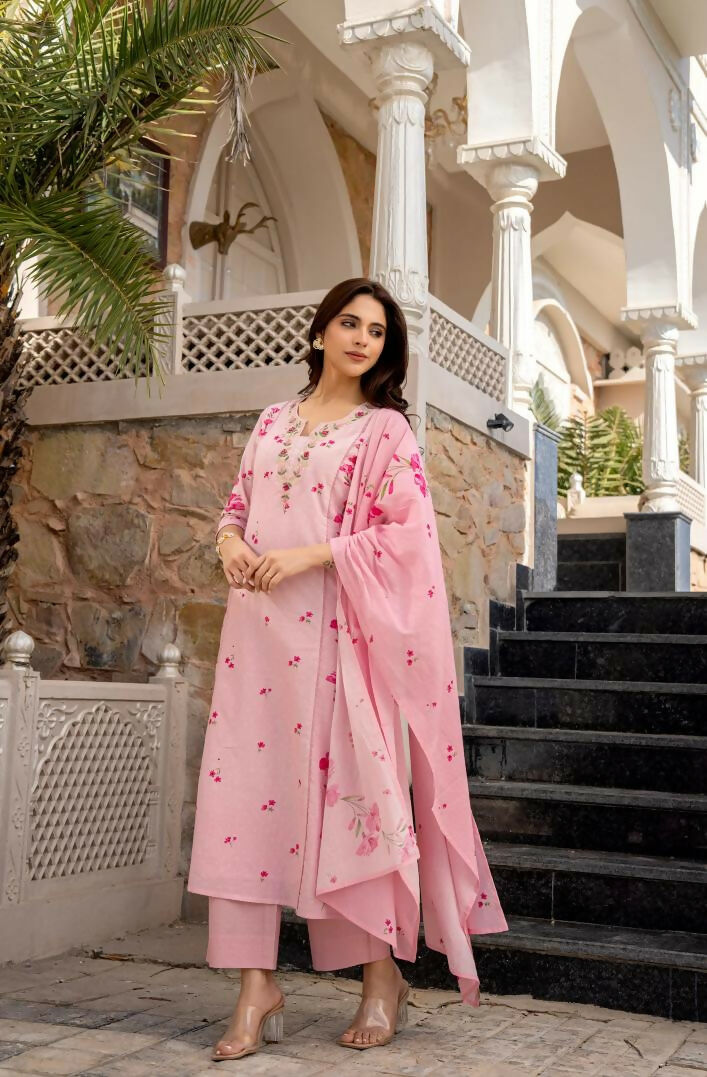 The52 Pink Women's Beautiful Chanderi Fabric Printed Work Straight Kurta Pant and Dupatta Set | Grocsy