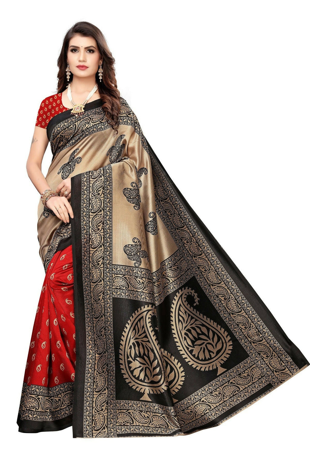 Vamika Red Printed Art Silk Saree | Grocsy