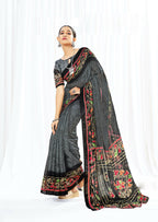 Grey Chanderi Cotton Floral Printed Saree With Unstitched Blouse Piece - Kathika | Grocsy