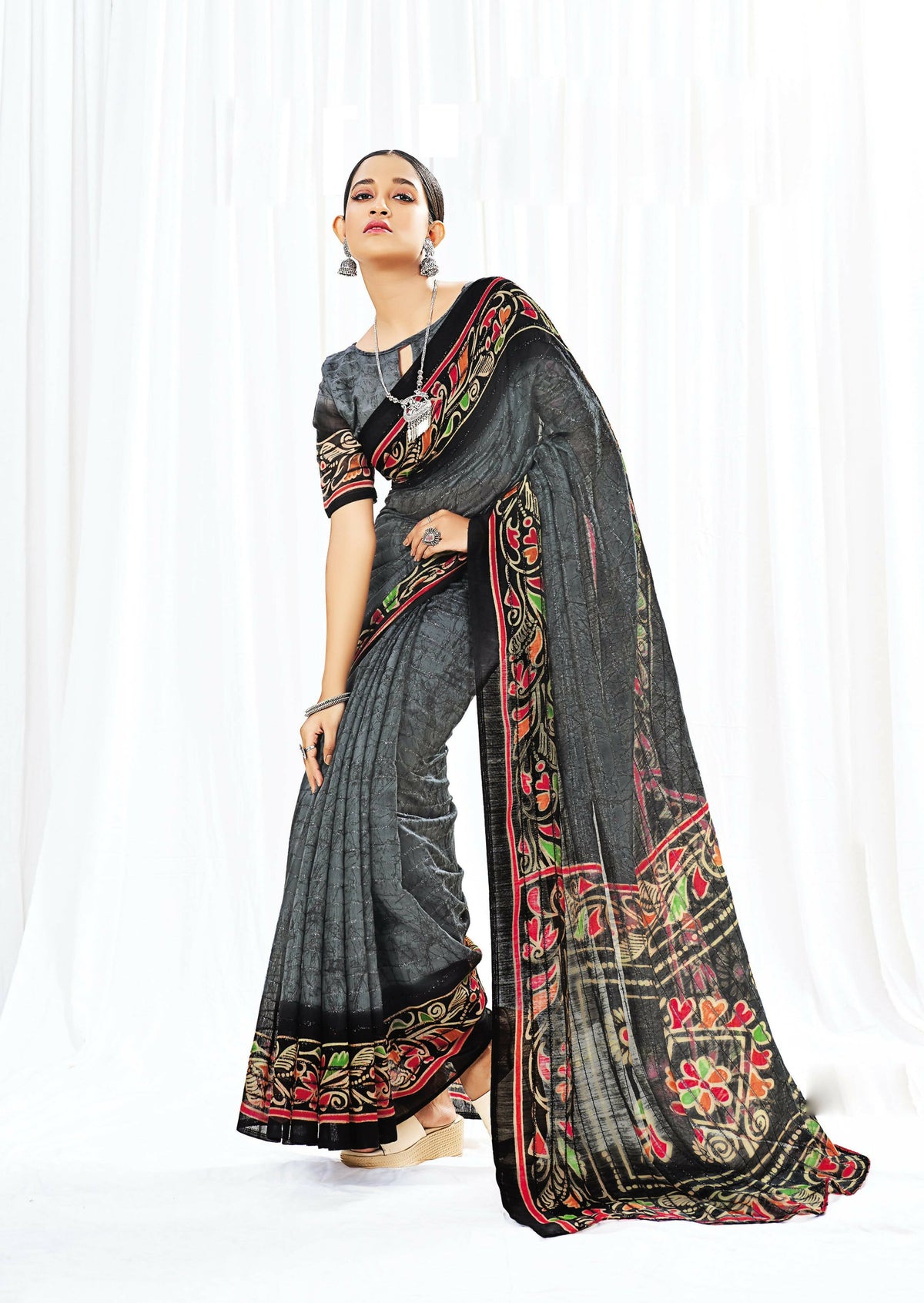 Grey Chanderi Cotton Floral Printed Saree With Unstitched Blouse Piece - Kathika | Grocsy