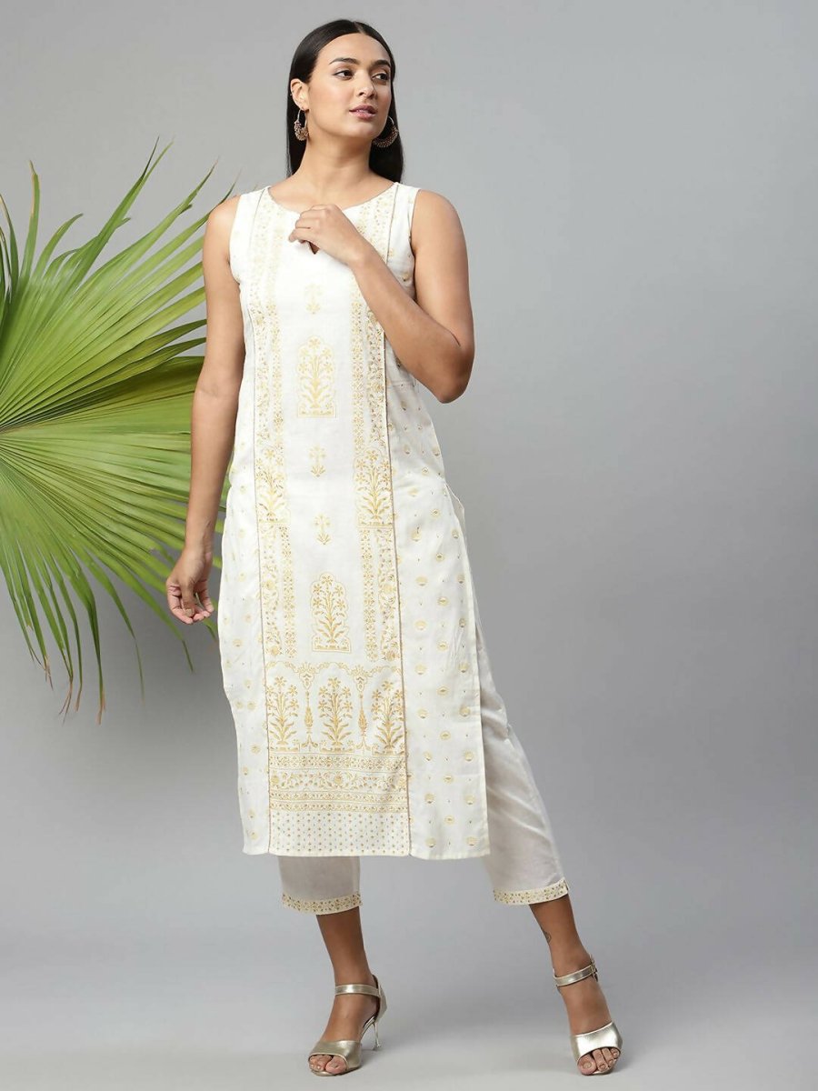 Ahalyaa Womens Off White Pure Cotton Printed Kurta Pant Set | Grocsy