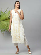Ahalyaa Womens Off White Pure Cotton Printed Kurta Pant Set | Grocsy