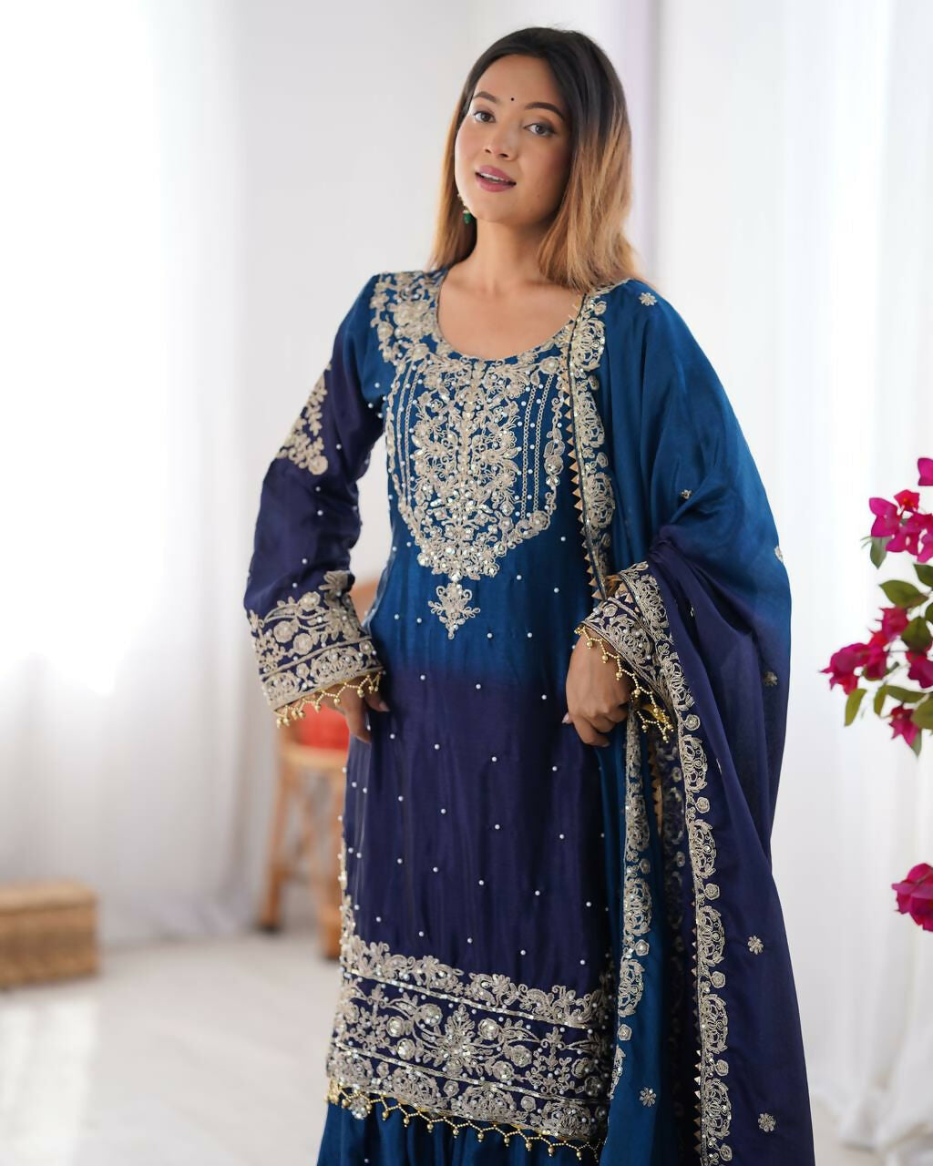 The52 Women's Beautiful Chinon silk Fabric Embroidery Work Straight Kurta Palazzo and Dupatta Set | Grocsy
