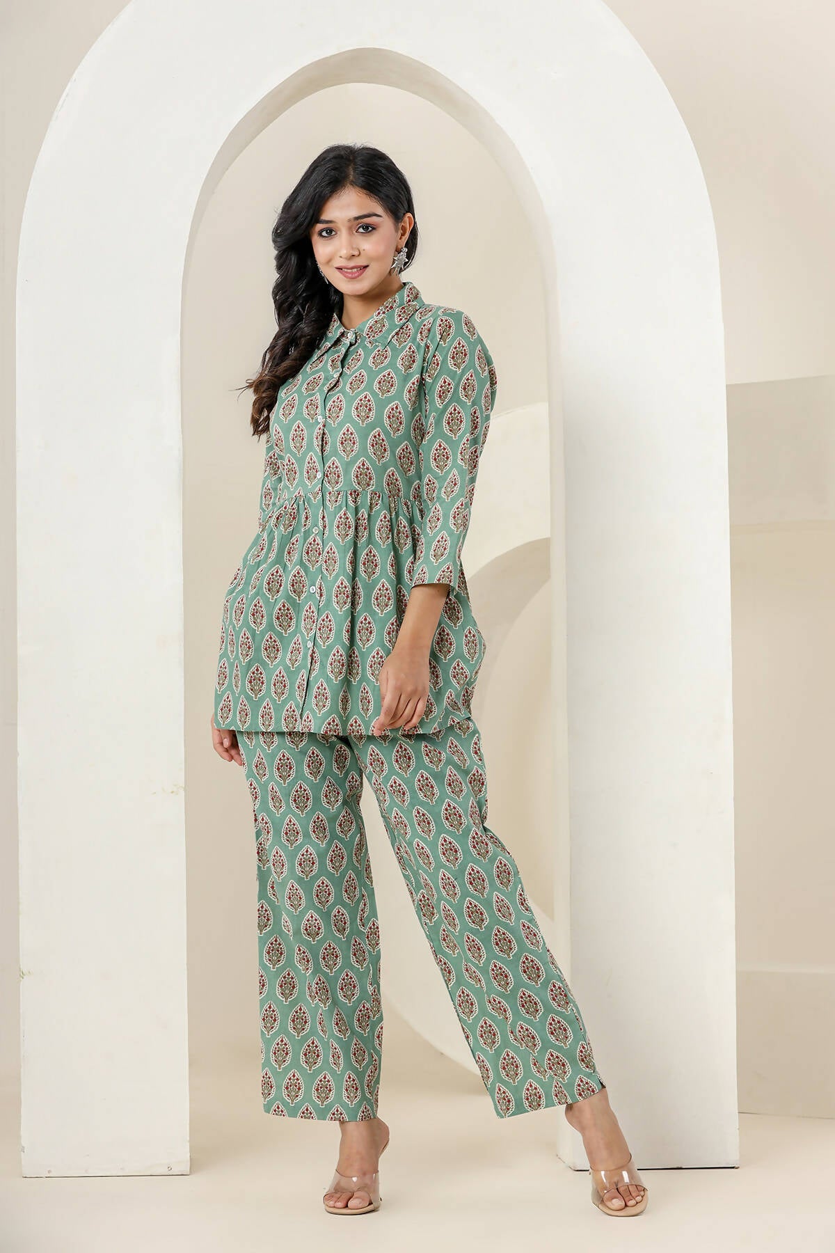 Kaajh Women's Green Printed Cotton Co-ord Set | Grocsy
