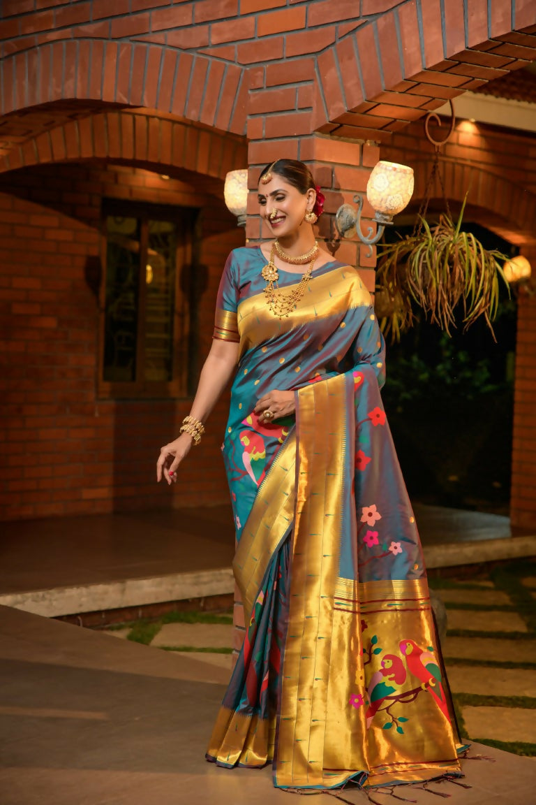 Jyoti Fashion Women's Teal Paithani Silk Zari Woven Saree with Blouse | Grocsy