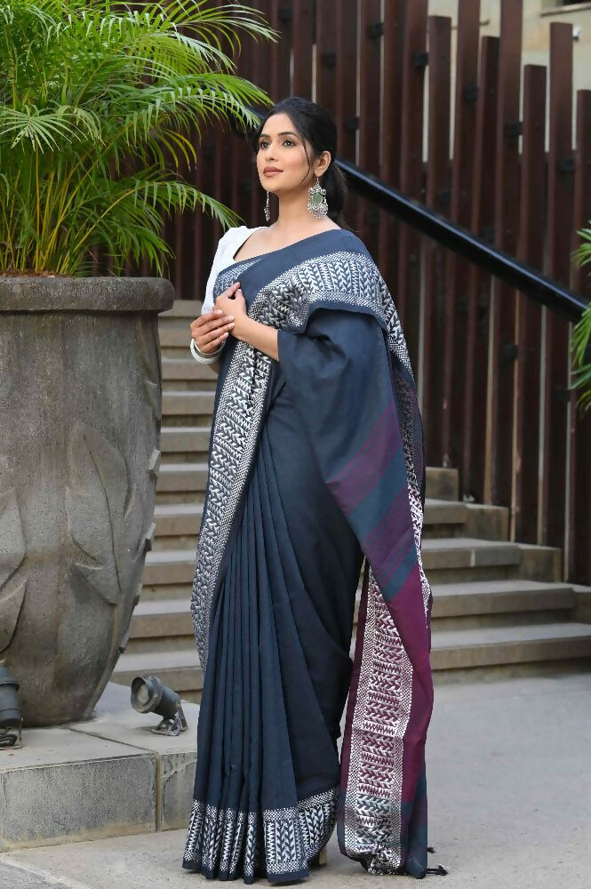 Beatitude Blue Cotton Jacquard Border Tangail Handloom Saree | Grocsy