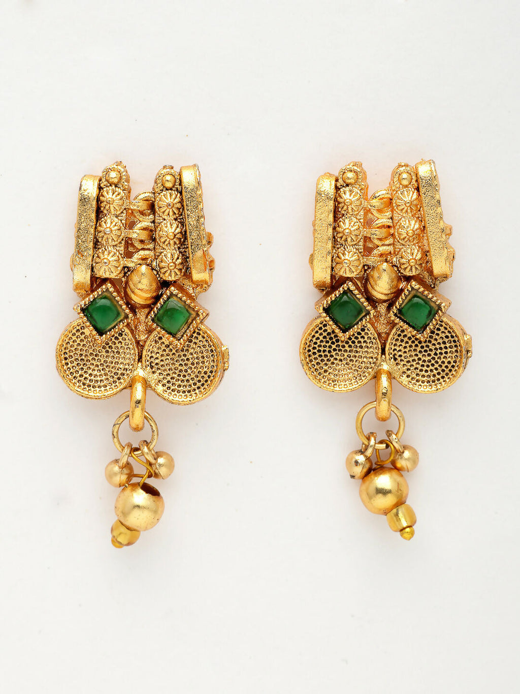 NVR Women's Gold-Polished Green Stone Studded Handcrafted Temple Jewellery Set | Grocsy