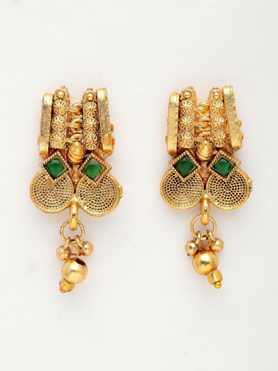 NVR Women's Gold-Polished Green Stone Studded Handcrafted Temple Jewellery Set | Grocsy