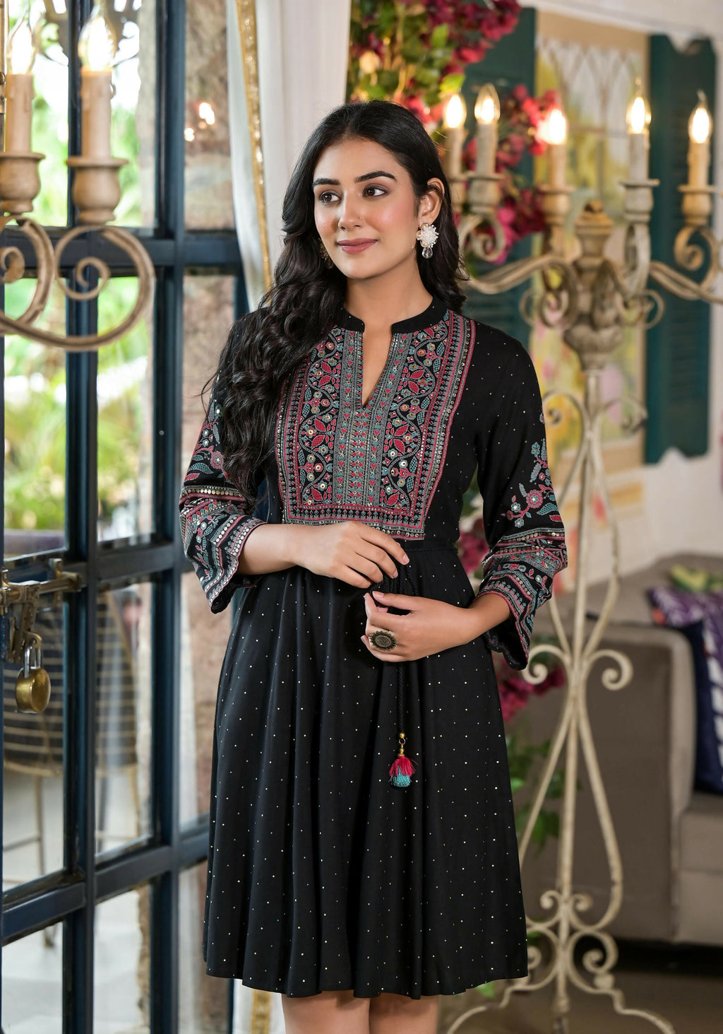 Juniper Women's Black Ethnic Motif Printed Liva Rayon Dress With Dori & Sequin | Grocsy