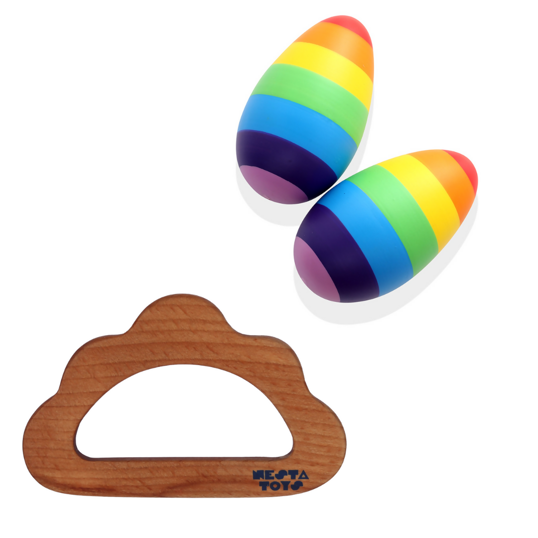 Nesta Toys Wooden Egg Shaker (Rattle) & Teether Combo - Baby Shower Gift| Newborn Toy | Grocsy