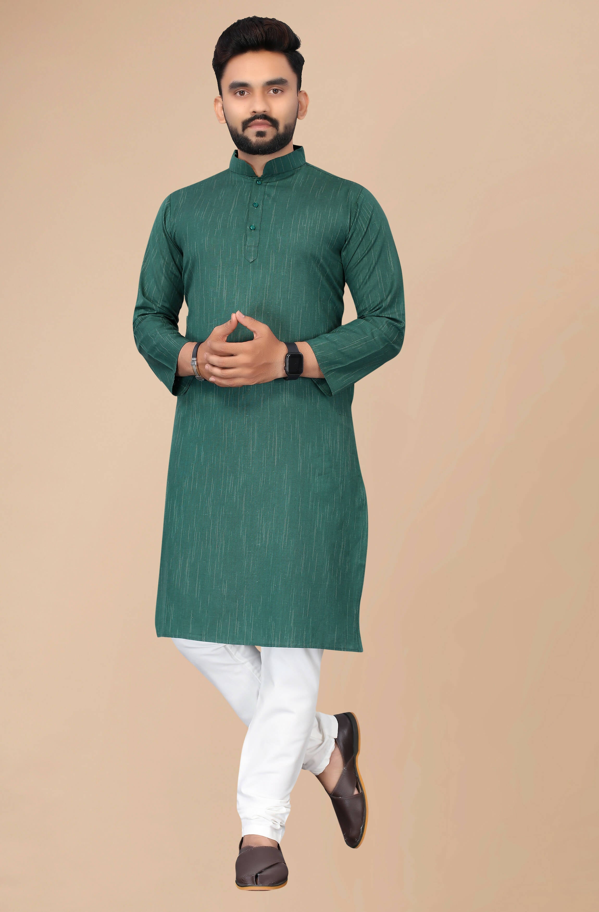 Indian Clothing Men's Green Striped Cotton Kurta - Mahotsav | Grocsy