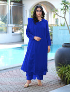Nikhaar Royal Blue Embroidered Art Silk Stitched Straight Cut Kurta Pants Dupatta Readymade Suit | Grocsy