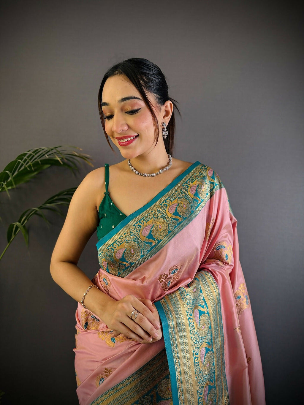 Joban Fashion Banarasi Baby Pink Woven Soft Silk Saree | Grocsy
