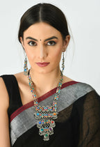 Mominos Fashion Johar Kamal Oxidised Silver-Plated Brass Finish Multi Kundan Afghani Long Necklace For Women | Grocsy