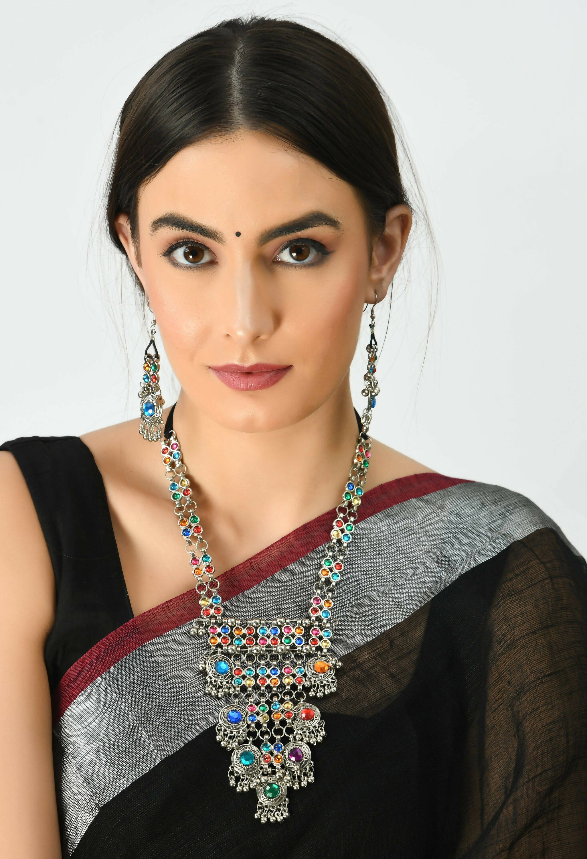 Mominos Fashion Johar Kamal Oxidised Silver-Plated Brass Finish Multi Kundan Afghani Long Necklace For Women | Grocsy