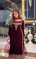 Joban Fashion Wine Velvet Sequence Embroidery Work Kurta Set | Grocsy