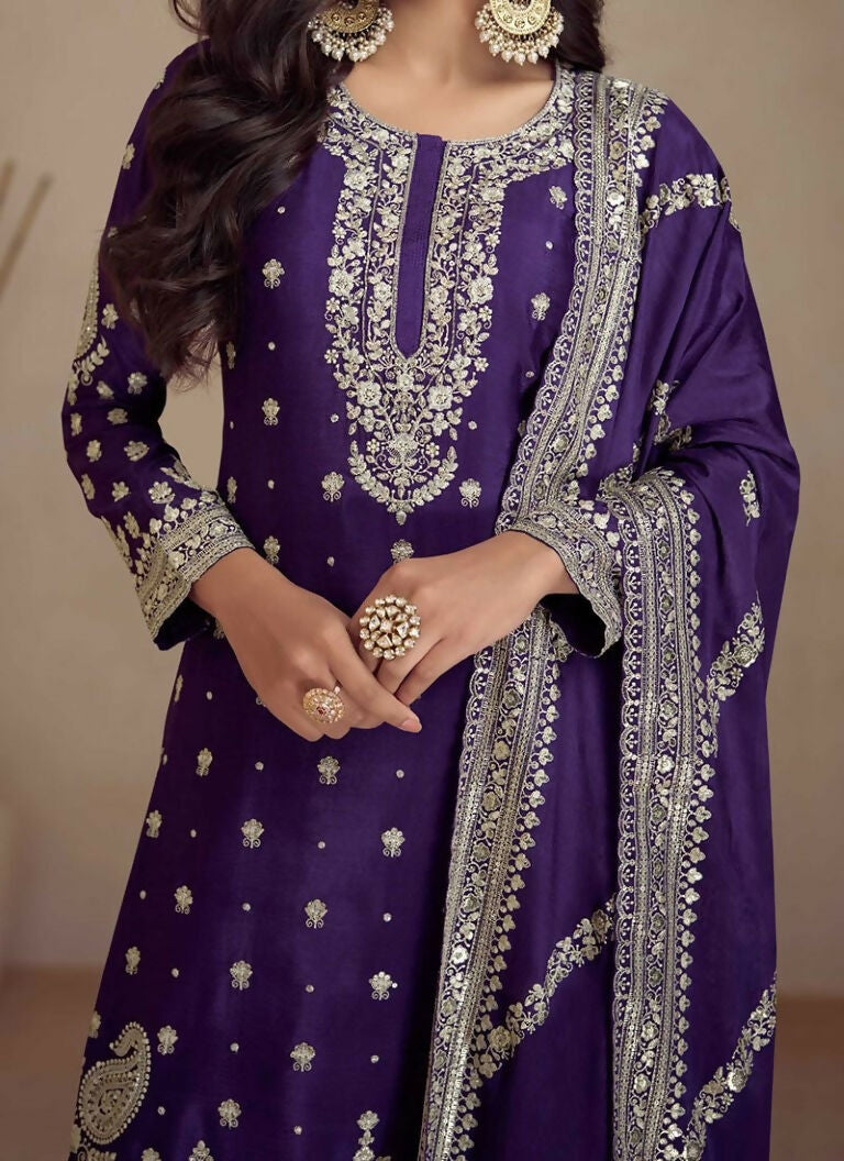 Vastranavya Glamorous Purple Chinon Palazzo Suit With Intricate Sequins Embroidery Work with Dupatta | Grocsy