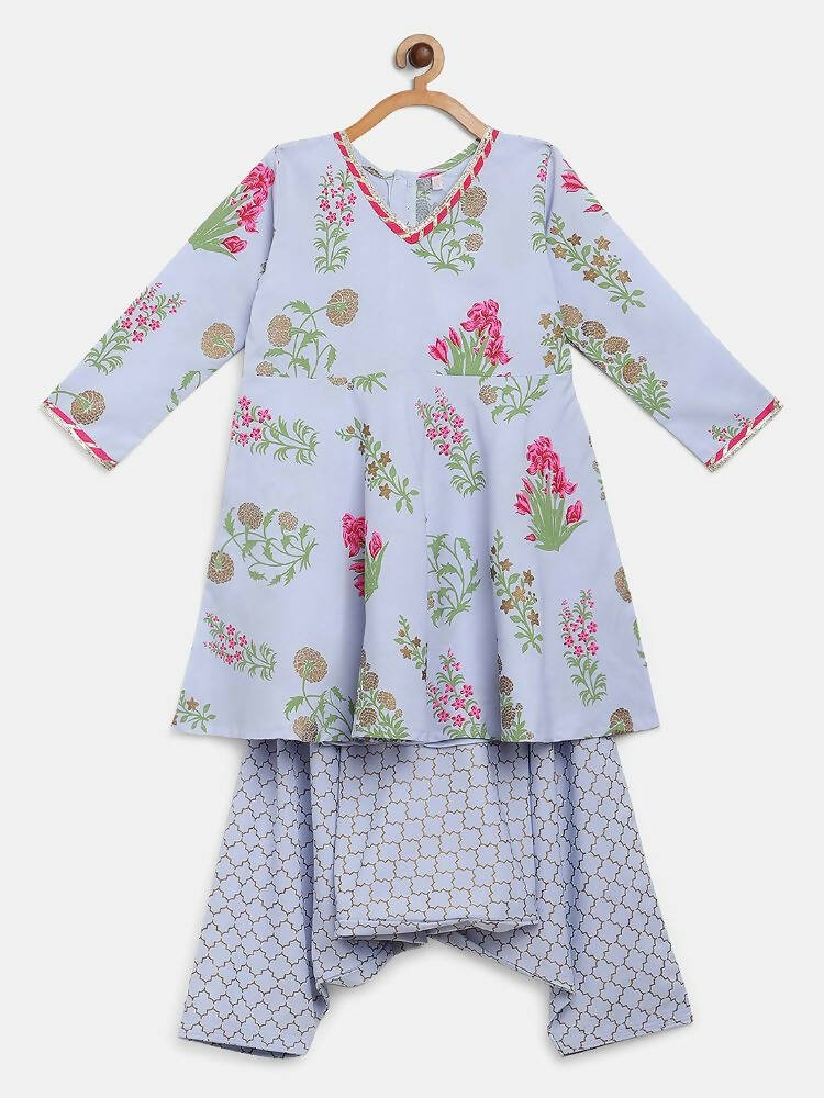 Ahalyaa Blue Crepe Printed Kids Kurta With Harem Pants For Girls | Grocsy