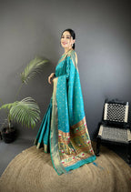 Joban Fashion Teal Butti Woven Soft Lichi Silk Paithani Saree | Grocsy