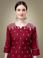 Jyoti Fashion Women's Maroon Cotton Blend Embroidery & Sequence work Kurta with Trouser & Dupatta | Grocsy