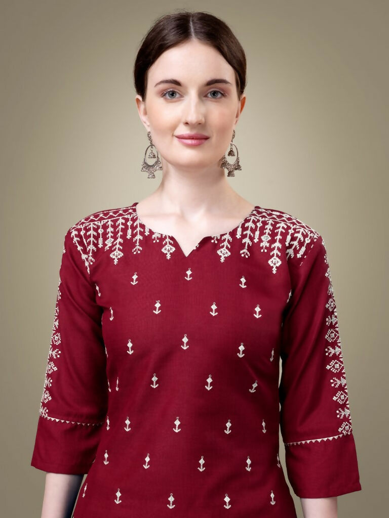 Jyoti Fashion Women's Maroon Cotton Blend Embroidery & Sequence work Kurta with Trouser & Dupatta | Grocsy