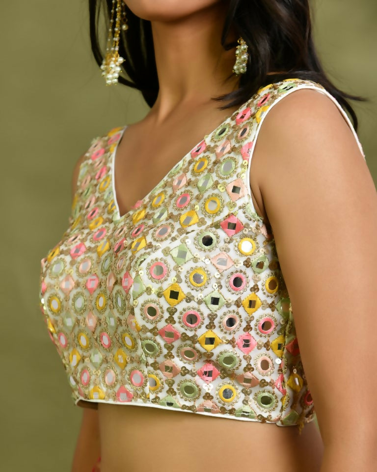 Amodini Designer Studio Multicolor Mirror Work Sleeveless Padded Blouse | Grocsy
